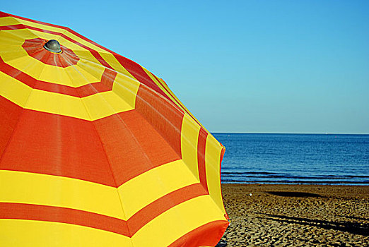 彩色,海滩伞,海滩,日落