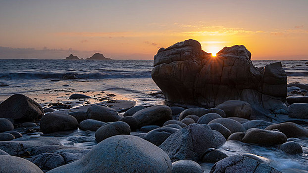 石头,海岸,日落,傍晚,靠近,康沃尔,英国