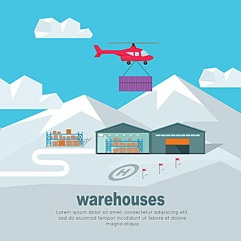 直升飞机,全球,仓库,递送,物流,货箱,运输,分配,水,山,荒芜,雪中,装卸,盒子,矢量,插画