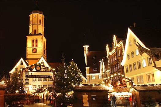 圣诞市场,正面,教堂,巴登符腾堡,德国,欧洲