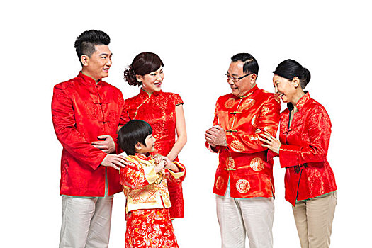 棚拍中國(guó)新年快樂(lè)的唐裝家庭