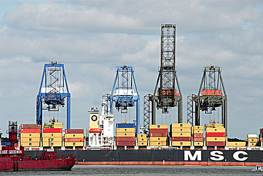 集装箱船,卸载,港口,英格兰,欧洲