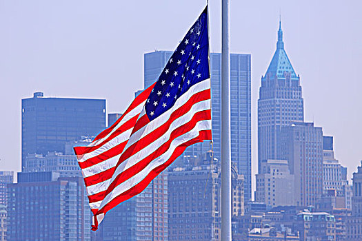 美洲,旗帜,正面,曼哈顿,摩天大楼,纽约,美国,北美