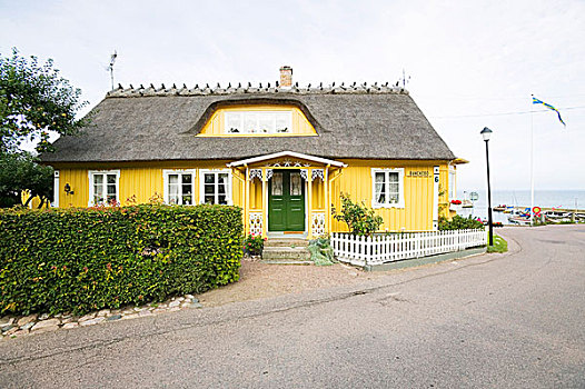 黄色,涂绘,房子,港口,渔村,瑞典