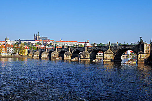 风景,上方,伏尔塔瓦河,河,桥,大教堂,早,早晨,布拉格,波希米亚,捷克共和国,欧洲