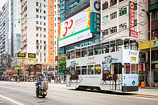 双层巴士,有轨电车,道路,湾仔,香港岛,香港,中国,亚洲