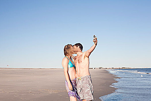 情侣,自拍,海滩,微风,皇后区,纽约,美国
