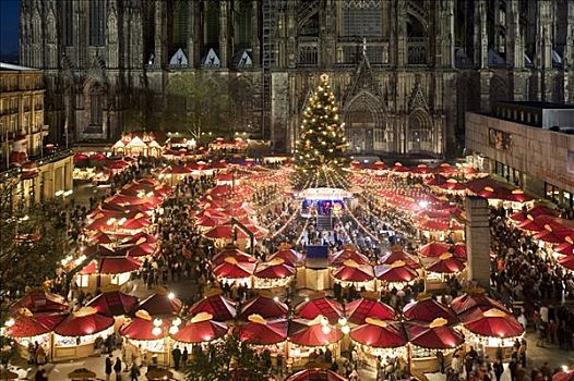 航拍,光亮,圣诞市场,圣诞树,正面,科隆大教堂,北莱茵威斯特伐利亚,德国,欧洲