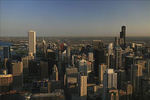 天际线,希尔斯大厦,中心,日落,风景,芝加哥,伊利诺斯,美国