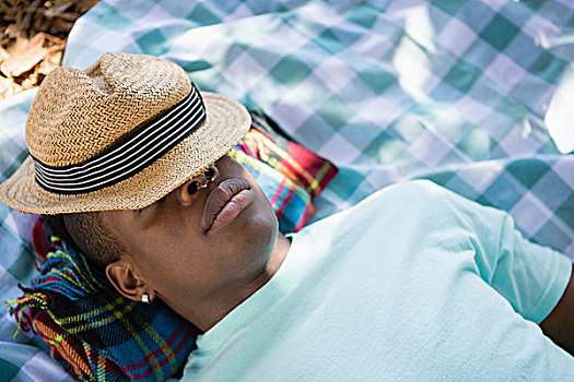 男人,睡觉,野餐毯,帽子,脸,公园