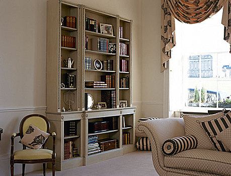 传统,起居室,书架,帘,沙发,时期,椅子