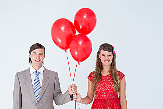 微笑,情侣,拿着,红色,气球