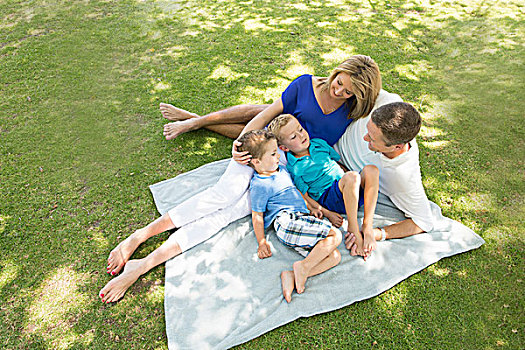 家庭,四个,野餐毯