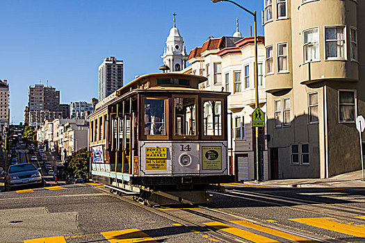 缆车,石砌,街道,旧金山,加利福尼亚,美国