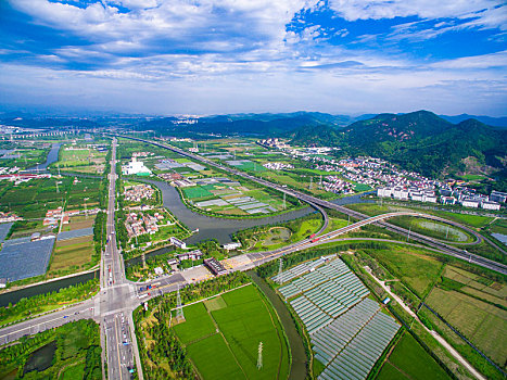 宁波北,枢纽,交通,高速,公路,航拍,田园,蓝天,阳光