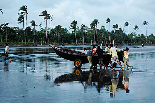 渔民,船,岸边,修理,海滩,孟加拉,八月,2008年