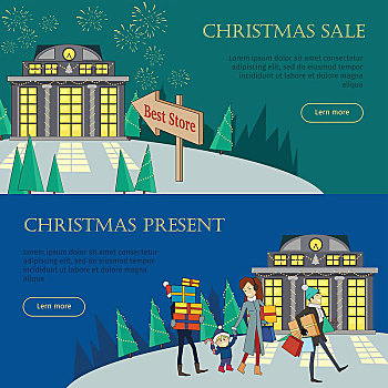 圣诞节,销售,礼物,旗帜,最好,商店,圣诞礼物,发光,店,烟花,圣诞老人,驯鹿,特别,寒假,给,矢量,插画,公寓,风格