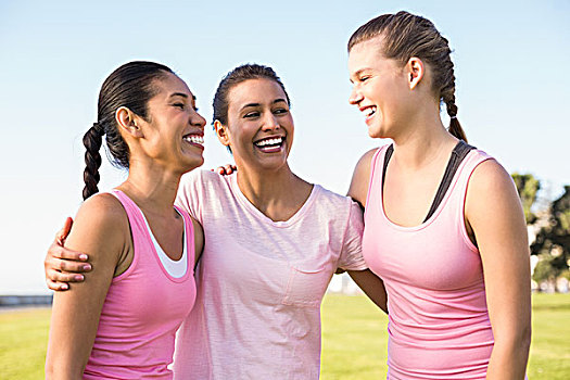三个,笑,女人,穿,粉色,乳腺癌