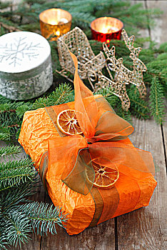 圣诞礼物,装饰,蝴蝶结,干燥,橙子片