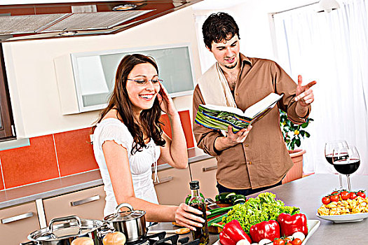 幸福伴侣,烹饪,一起,现代,厨房,菜谱