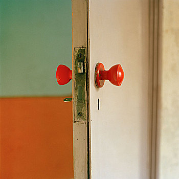 打开,门,红色,把手,色彩,墙壁,维多利亚时代风格,房子,持稳,20世纪50年代
