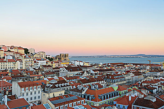 俯视,古建筑,阿尔法马区,地区,日落,里斯本,大教堂,远景,葡萄牙