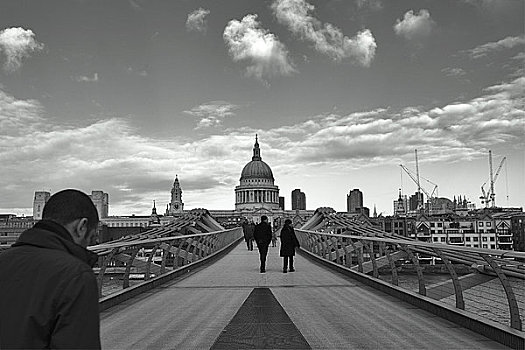 英格兰,伦敦,人,走,千禧桥,圣保罗大教堂