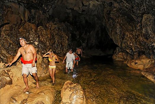 游客,玛雅,引导,游泳,走,调查,洞穴,温暖,水,伯利兹,中美洲,加勒比海