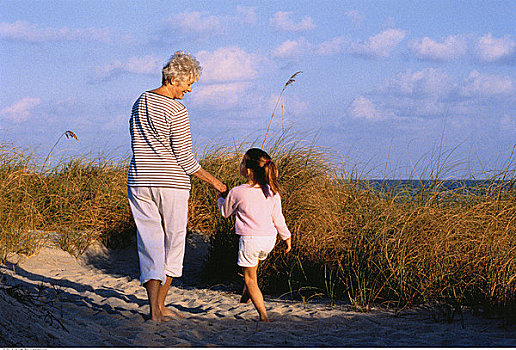后视图,祖母,孙女,走,海滩,握手