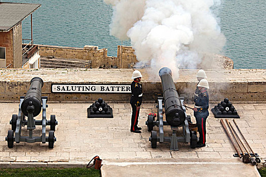 马耳他,瓦莱塔市,敬礼,电池,俯视图,花园,军人,炮