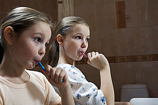 女孩,刷牙,浴室