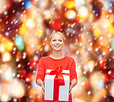 圣诞节,圣诞,白天,庆贺,概念,微笑,女人,红色,毛衣,礼盒