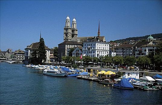 港口,船,罗马式大教堂,苏黎世,瑞士,欧洲