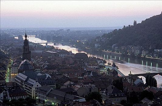 河,内卡河,夜晚,海德尔堡,巴登符腾堡,德国,欧洲