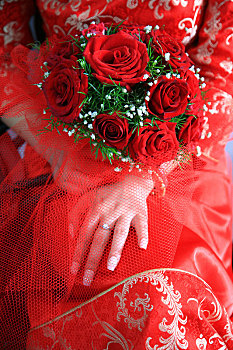 婚纱,花瓣,花,新娘,幸福,等待,红色,中式