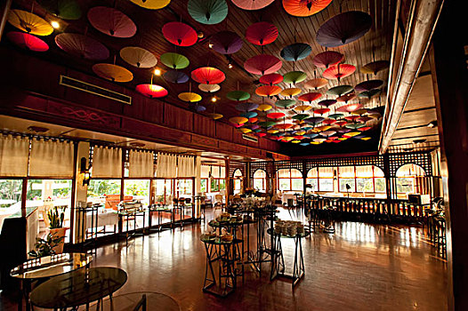 彩色,伞,悬挂,天花板,餐馆,酒店,清迈,泰国