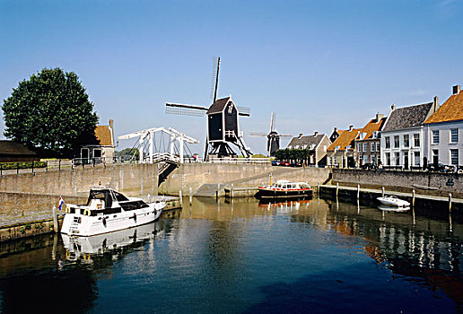 浪漫,港口,风车,老,牢固,城镇,河,北布拉邦,荷兰,欧洲