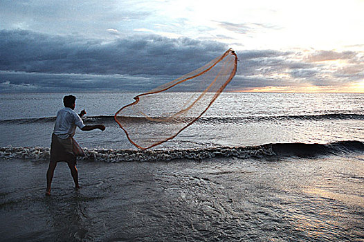 渔民,网,水,湾,孟加拉,十二月,2006年