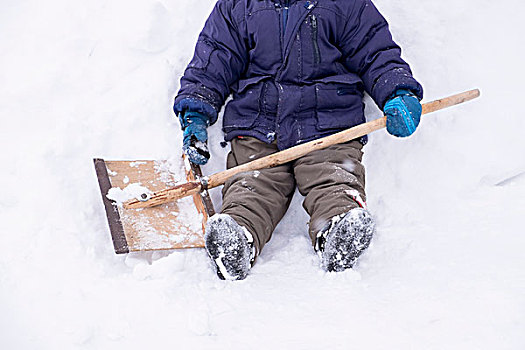 男婴,坐,雪,铲