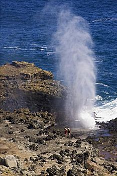 夏威夷,毛伊岛,喷水孔,两个男人,站立,看