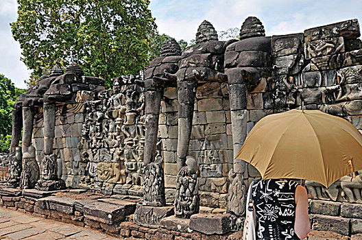 游客,伞,看,平台,大象,吴哥,柬埔寨,亚洲