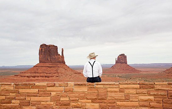 后视图,男人,戴着,牛仔帽,坐,石墙,看,岩石构造,峡谷
