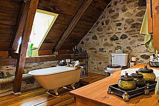 浴室,楼上,地面,老,木质,侧面,住宅,家,魁北克,加拿大