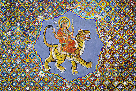 壁画,印度教,骑,虎,老,宫殿,博物馆,拉贾斯坦邦,印度,亚洲