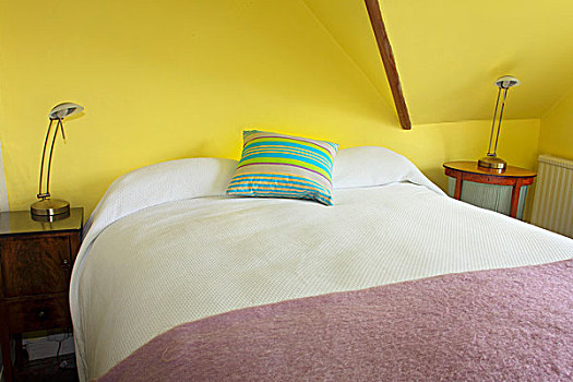 双人床,黄色,涂绘,阁楼,卧室