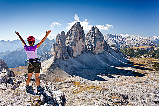 攀登,山,远眺,三个山峰,后面,阿尔泰,白云岩,意大利,欧洲