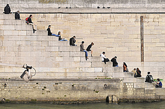 人,放松,台阶,塞纳河,巴黎,法国