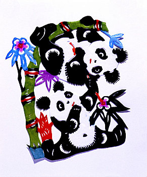 剪纸,熊猫母子