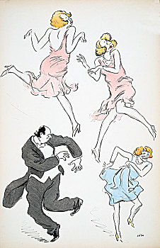 三个,插画,易装癖,蓝色,粉色,服装,跳舞,男性