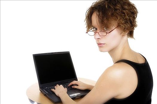 女青年,坐,正面,笔记本电脑
